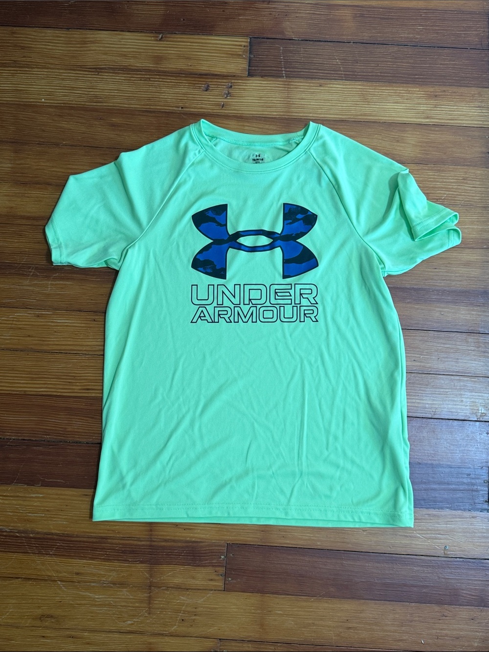 Under Armour Neon Green Youth Short Sleeve Tee with Blue Logo